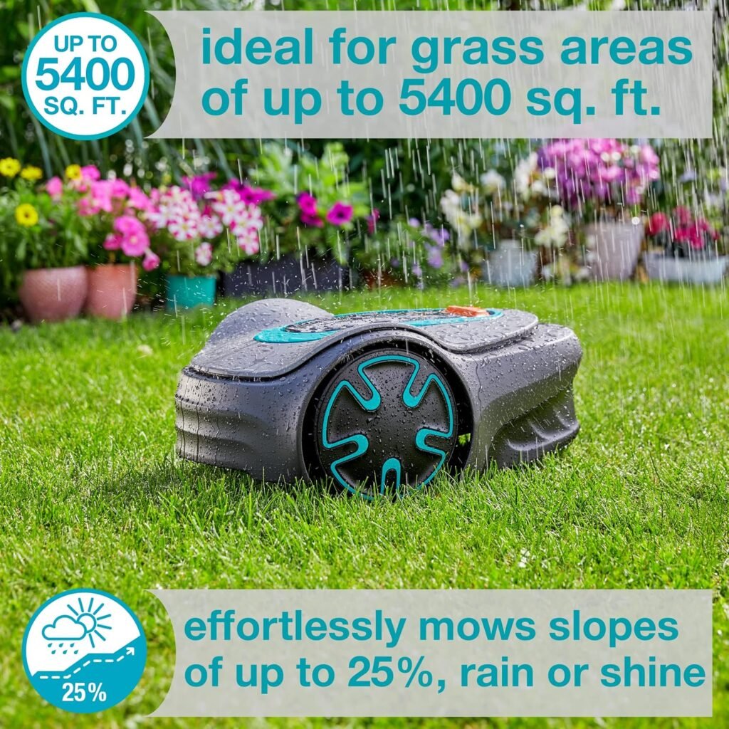 GARDENA 15202-41 SILENO Minimo - Automatic Robotic Lawn Mower, with Bluetooth app and Boundary Wire, one of The quietest in its Class, for lawns up to Sq Ft, Made in Europe, Grey